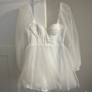 Elegant White Sheer Sleeve Babydoll Dress